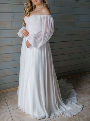 Robe de mariée simple robe de mariage col en coeur manche longue à traîne - milanoo.com - Modalova