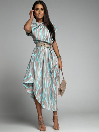Robe longue col bateau manches courtes polyester rayures robe longueur au sol - milanoo.com - Modalova