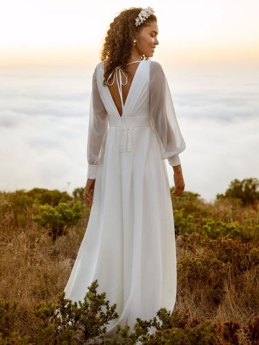 Robe de mariée simple en satin col V manche longue transparente jupe fendue - milanoo.com - Modalova