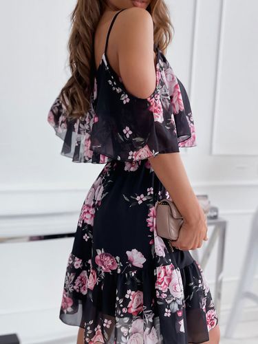 Robe Fleurie Patineuse Courte Imprimé avec Bretelles avec Volants Coupe Cintrée Bas Evasée - milanoo.com - Modalova
