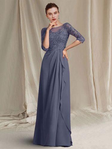 Robe de mère de mariée col bateau demi-manches A-ligne dentelle longueur au sol robes d\'invité de mariage - milanoo.com - Modalova