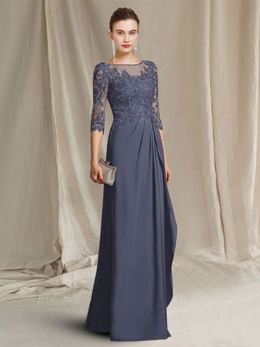 Robe de mère de mariée col bateau demi-manches A-ligne dentelle longueur au sol robes d\'invité de mariage - milanoo.com - Modalova