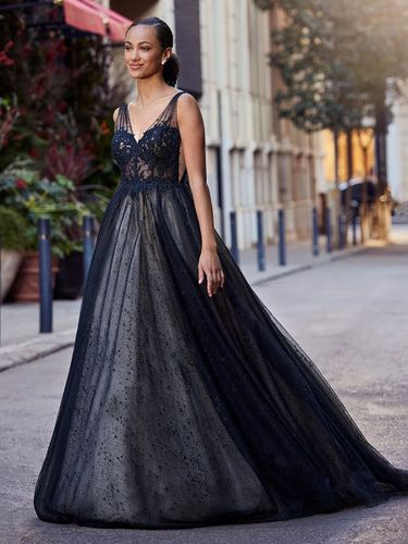 Robe de mariée pailleté en dentelle col V sans manche boutonné sur dos à grande traîne - milanoo.com - Modalova