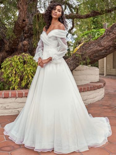 Robe de mariée simple hors des épaules manche longue boutonné sur dos à traîne - milanoo.com - Modalova