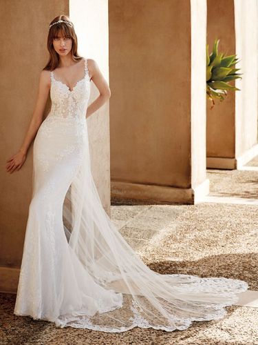 Robe de mariée sirène en dentelle col V à bretelle zip sur dos à traîne - milanoo.com - Modalova