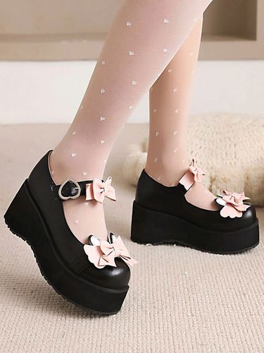 Chaussures Noires Mignonne Lolita En Cuir Pu À Bout Rond Avec Nœud Rose - milanoo.com - Modalova