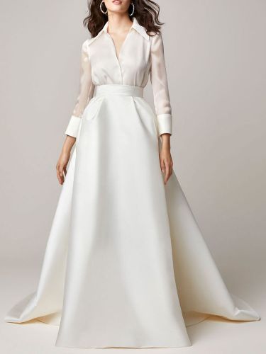 Robe de mariée vintage charleston 2 pièces col V manche longue à traîne - milanoo.com - Modalova