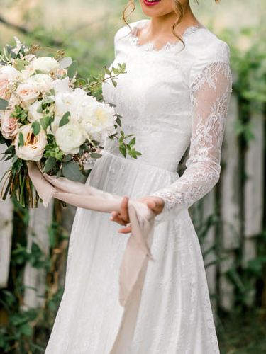 Robe de mariée simple robe de mariage col rond manche longue à grande traîne - milanoo.com - Modalova