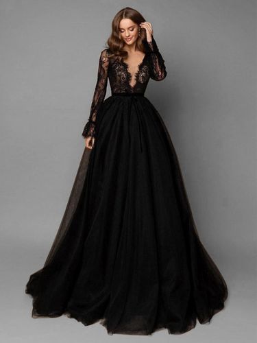 Robe de mariée moderne en dentelle col V manche longue à traîne Robe de mariée - milanoo.com - Modalova