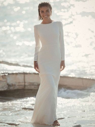 Robe de mariée simple gaine col bijou manches longues boutons robes de mariée - milanoo.com - Modalova