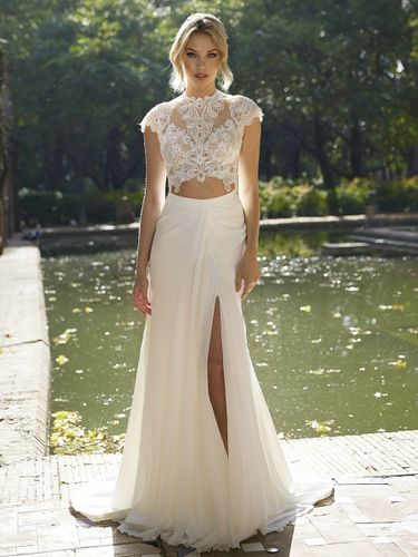 Robe de mariée deux pièces robe de mariée bohème haut en dentelle col montant jupe en mosseline de soie - milanoo.com - Modalova
