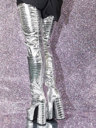 Cuissardes ées à motif de pierre métallique bottes à plateforme à talons épais - milanoo.com - Modalova