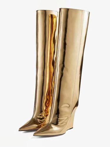 Bottes hautes dorées à bout pointu et talons compensés - milanoo.com - Modalova
