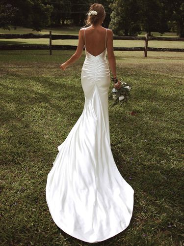 Robe de mariée simple sirène col en V sans manches robes de mariée plissées personnalisation gratuite - milanoo.com - Modalova