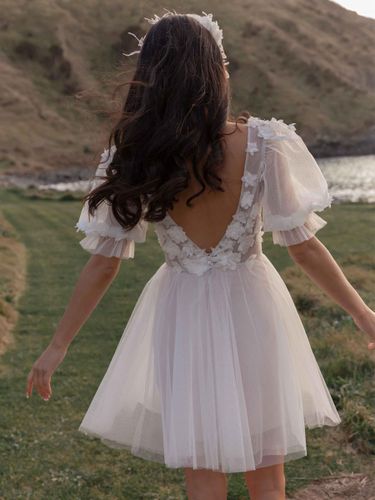 Robe de mariée courte en dentelle col en V manches courtes longueur genou robe de mariée civile - milanoo.com - Modalova