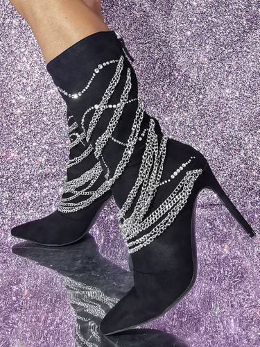 Bottes mi-mollet en daim à bout pointu et talon aiguille avec détail en métal - milanoo.com - Modalova