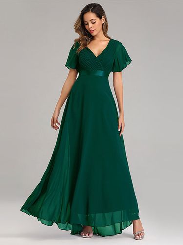 Robes De Soirée Robes De Bal En Mousseline De Soie Col En V Manches Courtes Robe Maxi Semi-formelle Robe Vert Sauge - milanoo.com - Modalova