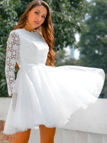 Robe de mariée courte 2026 col bijou manches longues A-ligne dentelle robes de mariée courtes personnalisation gratuite - milanoo.com - Modalova