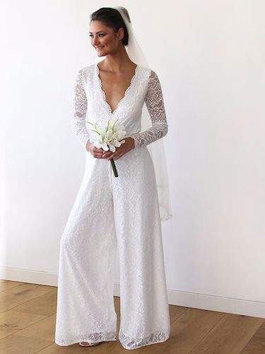 Combinaison de mariée en dentelle tenue de mariée civil col V manche longue - milanoo.com - Modalova