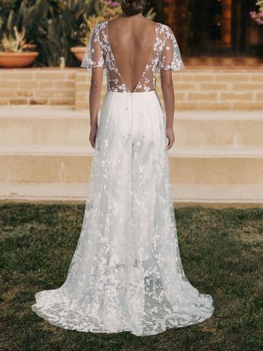 Combiansion de mariée tenue mariage civil col V manhce courte avec traîne - milanoo.com - Modalova