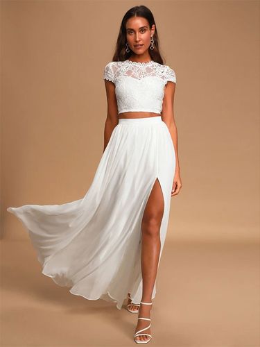 Robe de mariée deux pièces ivoire haut en dentelle col rond manche courte jupe en tulle - milanoo.com - Modalova