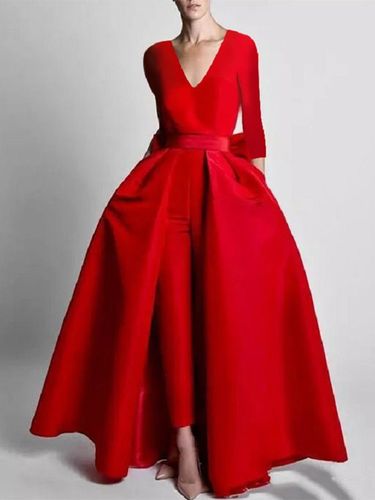 Robe de soirée trapèze col en V tissu satiné longueur au sol nœuds robes de soirée formelles - milanoo.com - Modalova