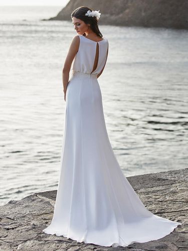 Robe de mariée simple en tissu satiné col en V sans manches en dentelle coupe A - milanoo.com - Modalova