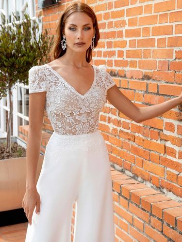 Combinaison de mariée tenue de mariage col V manche courte - milanoo.com - Modalova