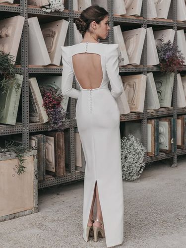Robe de mariée vintage col V manche longue boutonné sur dos au sol - milanoo.com - Modalova
