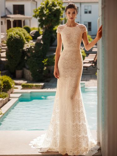 Robe de mariée balayage sirène manches courtes dentelle bijou cou robes de mariée - milanoo.com - Modalova