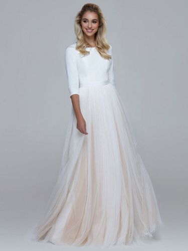 Robe de mariée simple à manches mi-longues jupe sous-colorée col rond - milanoo.com - Modalova