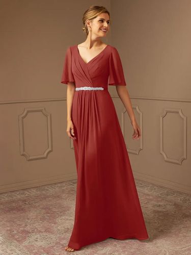 Robe de mariée pour mère de mariée col en v manches courtes ligne a ceinture longueur au sol robes d\'invitées pour mariage - milanoo.com - Modalova