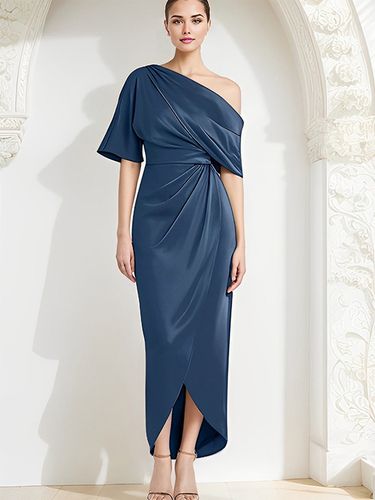 Robe fourreau plissée pour mère asymétrique épaule dénudée demi-manches robes d\'invitées pour mariage - milanoo.com - Modalova