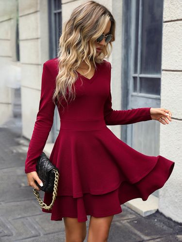 Robe de Patineuse Courte avec Manches Longues à Col V Coupe Cintrée Bas Evasée Unicolore - milanoo.com - Modalova