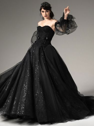 Robes de mariée gothiques A-ligne manches longues en dentelle plissée avec train robe de mariée personnalisation gratuite - milanoo.com - Modalova