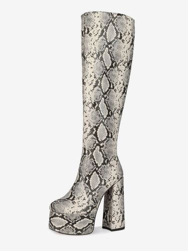 Bottes au genou Python bout rond imprimé serpent talon épais bottes au genou pour les s - milanoo.com - Modalova