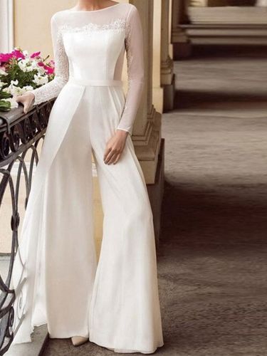 Tenue mariage combinaison mariée col bateau manche longue transparente zip sur dos - milanoo.com - Modalova