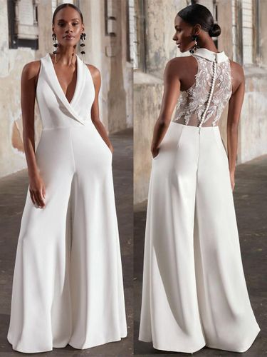 Combinaison de mariée col rabattu dos en dentelle décorés des boutons - milanoo.com - Modalova