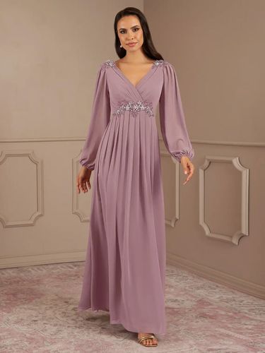 Robe de mariée pour mère de la mariée col en V manches longues ligne a longueur au sol robes d\'invitées de mariage - milanoo.com - Modalova