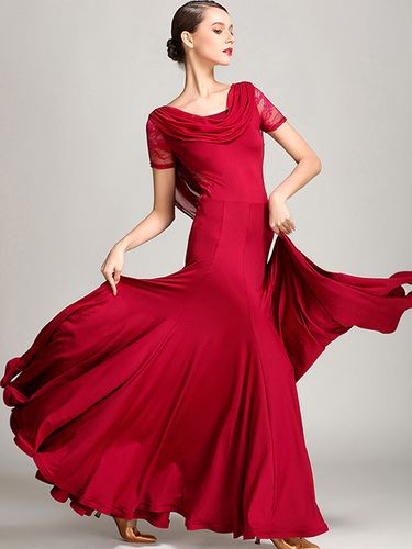 Costumes de danse de salon bordeauxs robe élégante transparente en Polyester col bénitier à volants en dentelle robe de danse plissée - milanoo.com - Modalova