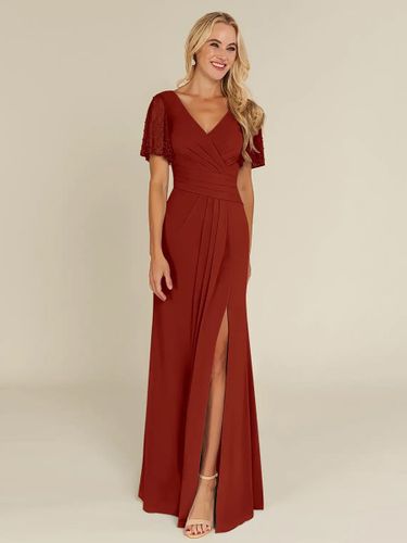 Robe de mariée pour mère col en v manches courtes gaine robes d\'invitées perlées pour mariage - milanoo.com - Modalova
