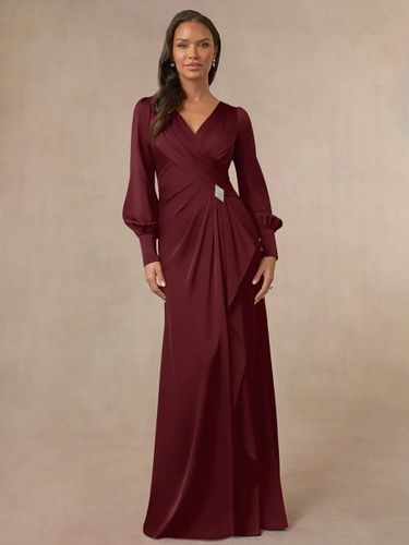 Robe de mariée sirène plissée pour mère col en v manches longues robes d\'invitées pour mariage - milanoo.com - Modalova