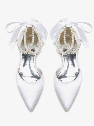 Chaussures De Mariée Bride Perles Lacet Nœud Mariage Satin Bout Pointu - milanoo.com - Modalova