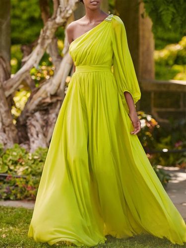 Robe de soirée trapèze asymétrique épaule dénudée longueur au sol manches longues dos nu plissée en mousseline de soie robes de soirée formell - milanoo.com - Modalova