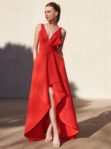 Robe de soirée trapèze col en v longueur au sol sans manches dos nu tissu satiné plissé robes de soirée formelles - milanoo.com - Modalova