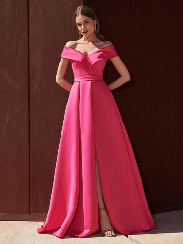 Robe de soirée trapèze épaules dénudées avec traîne sans manches fermeture éclair tissu satiné plissé robes de soirée formelles - milanoo.com - Modalova