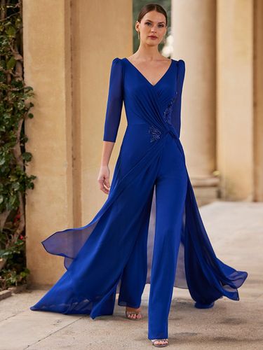 Robe de mère de mariée col en v manches 3/4 combinaison plissée longueur au sol robes d\'invitées pour mariage - milanoo.com - Modalova