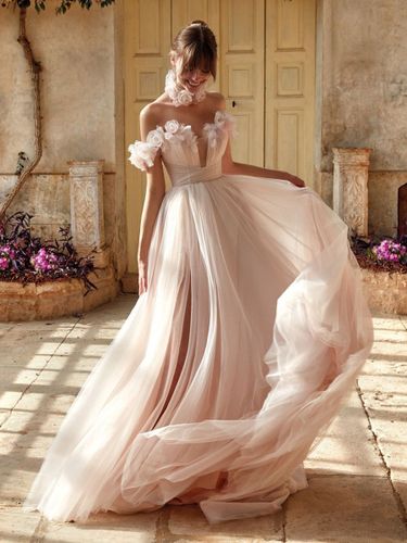 Robe de mariée col en V sans manches avec traîne en organza - milanoo.com - Modalova