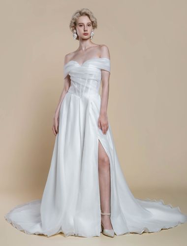 Robe de mariée simple en polyester à col bateau et manches courtes robe de bal découpée 40 cm - milanoo.com - Modalova