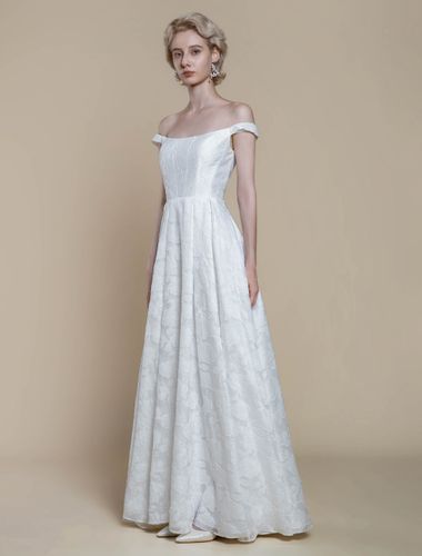 Robe de mariée simple en polyester à col bateau et fleurs en forme de A - milanoo.com - Modalova